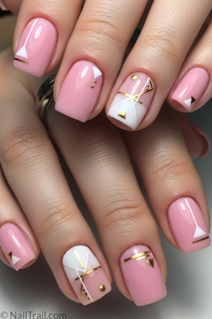 Short pink nails with geometric nail art design