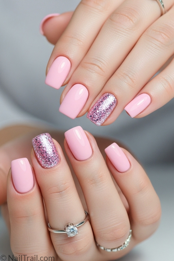 Short pink nails with glitter accent manicure