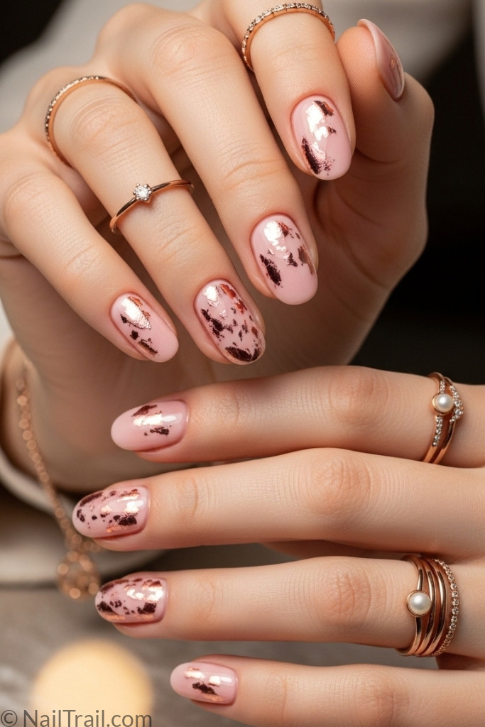 Short pink nails with rose gold foil accents