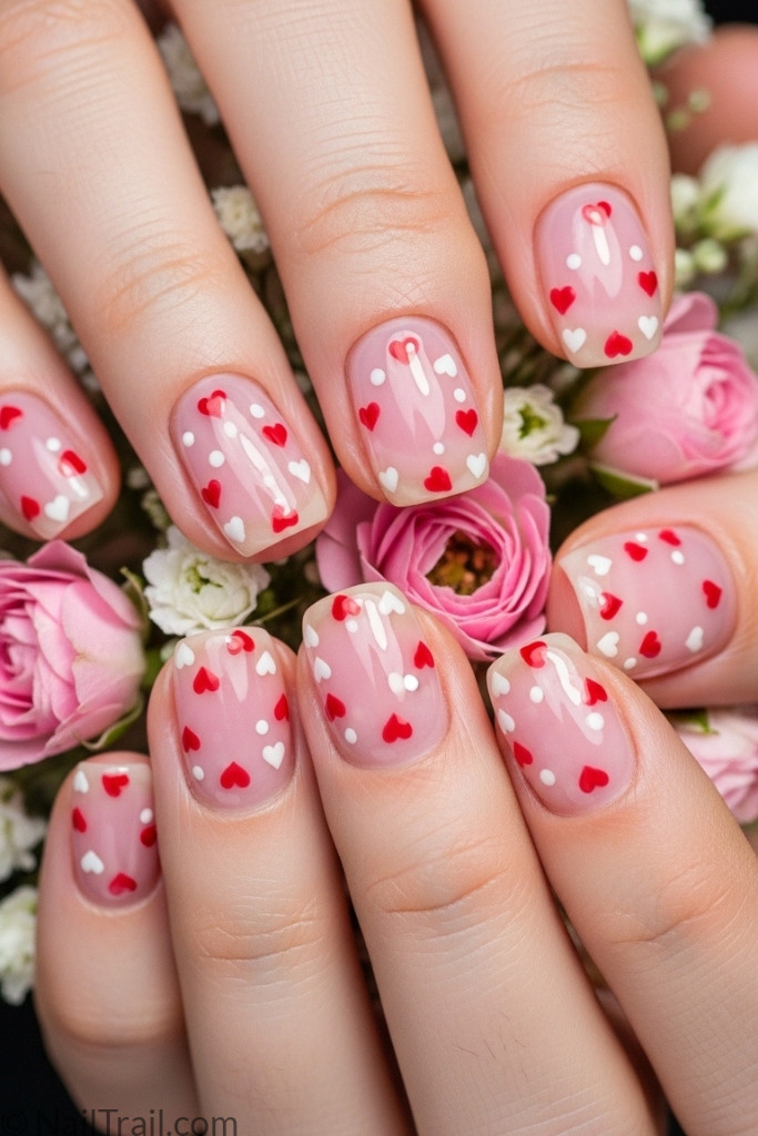 Short pink nails with tiny heart nail art