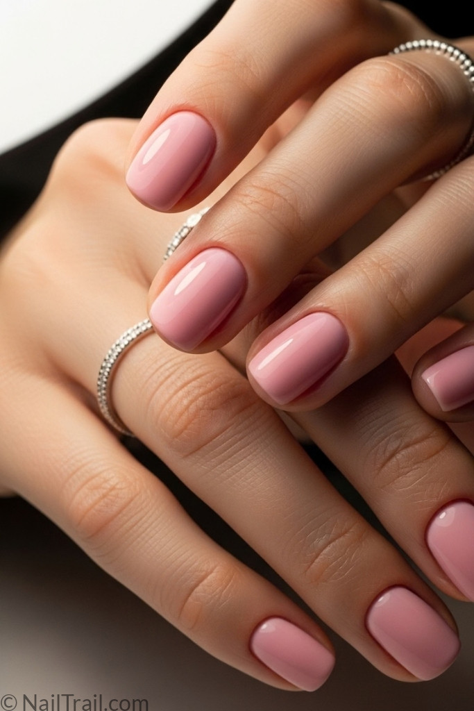 Short round nail shape with soft pink polish.