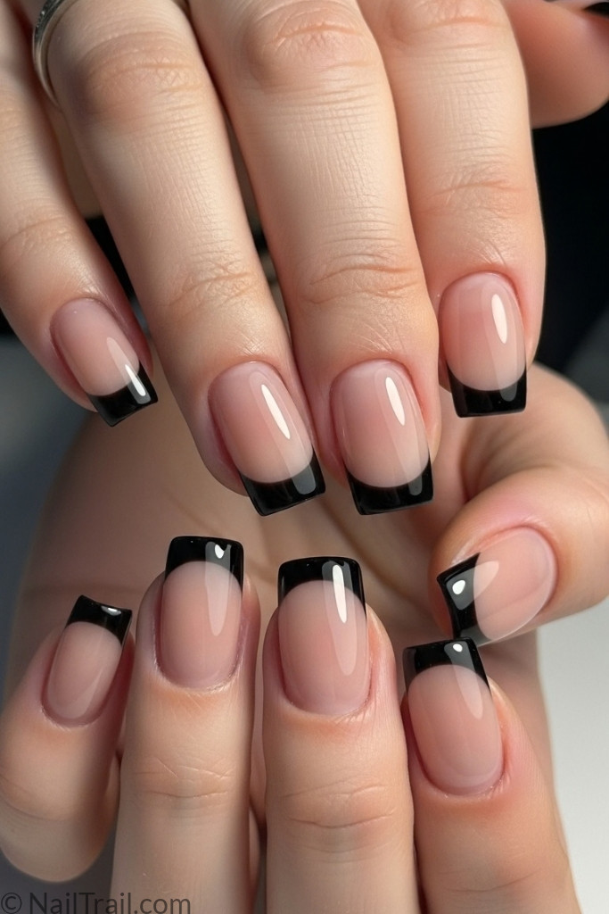 Short square black French tip nails with nude base