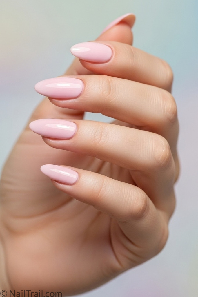 Soft almond nail shape with pink manicure