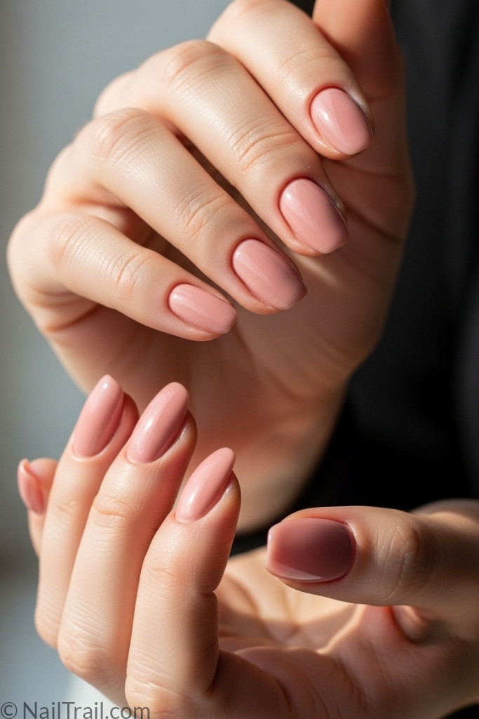 Soft nude pink manicure on short nails