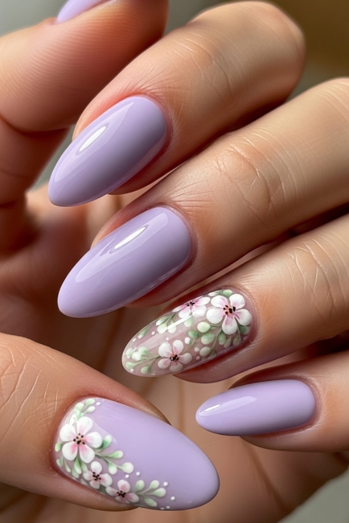 Soft pastel purple nails with delicate floral accents