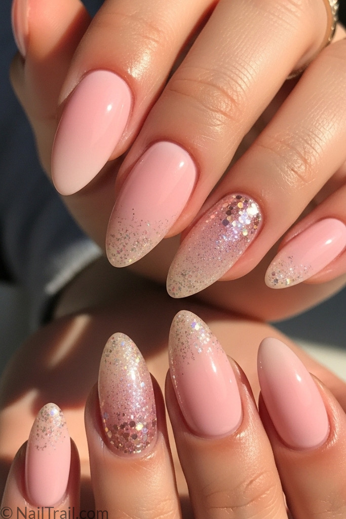 Soft pink almond nails with glitter accents