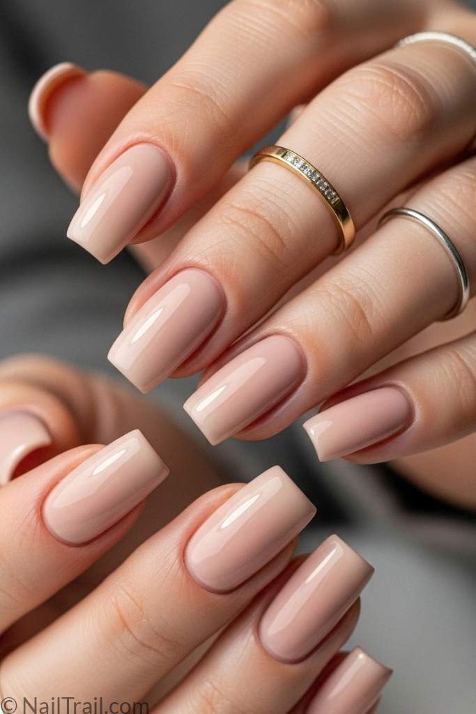 Square nail shape with glossy nude manicure