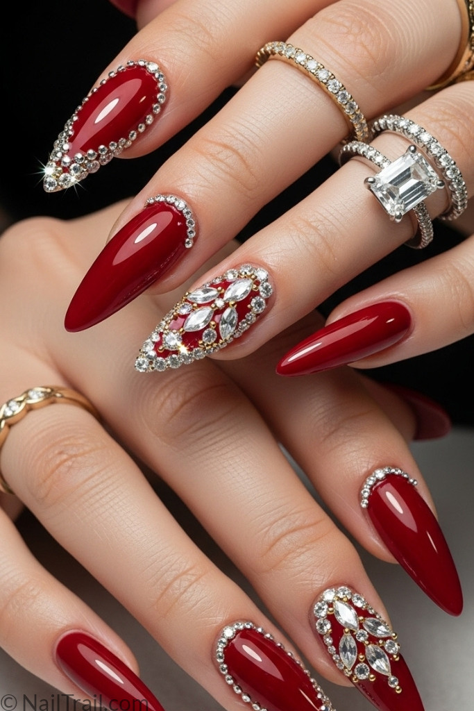 Stiletto nail designs with glossy red manicure