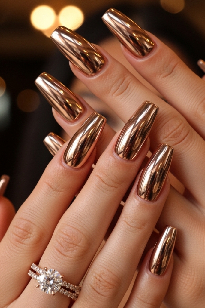 Rose gold metallic engagement nails with rose gold ring