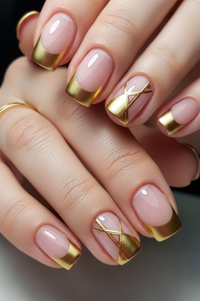 Chic French manicure with gold tips and geometric design for modern elegance