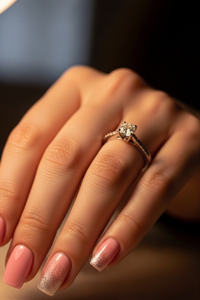Soft pink engagement nails with glitter accent