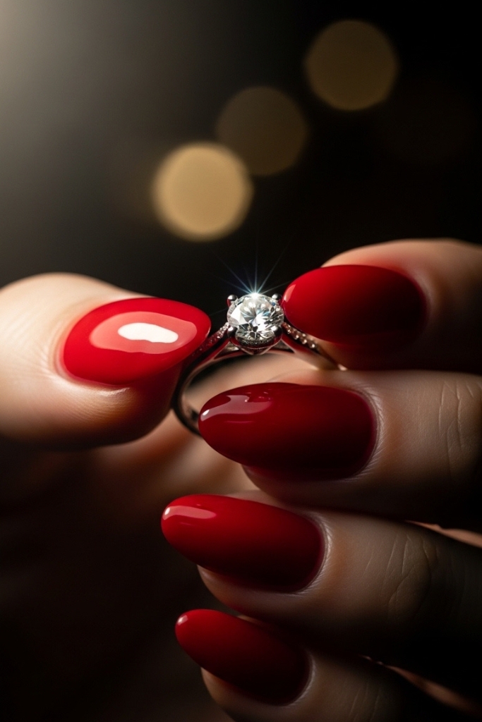 Classic red engagement nails with diamond ring