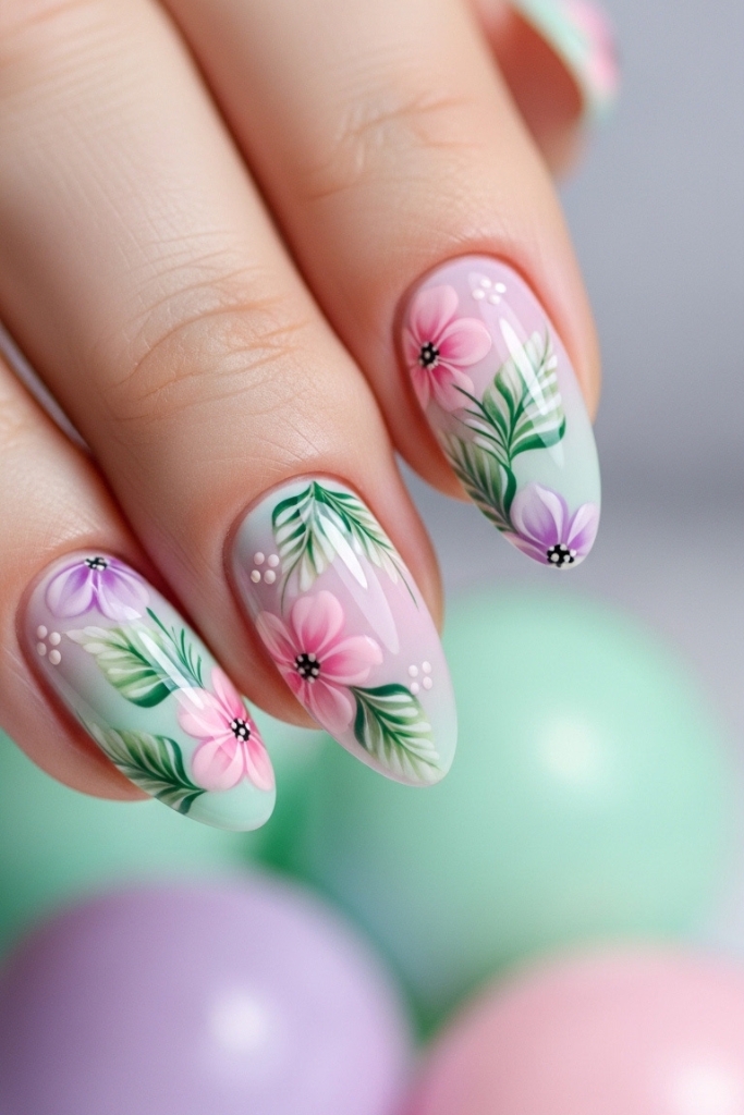 Spring-inspired pastel nails with intricate floral patterns, soft and feminine nail art