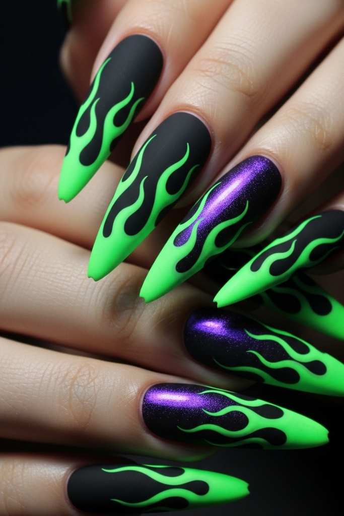 Black and green villain inspired flame nails