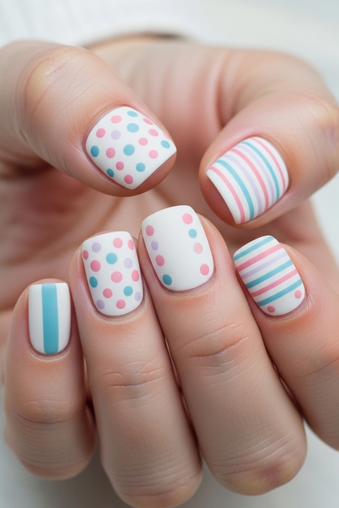 Beginner-friendly DIY nails with simple polka dots and stripe designs