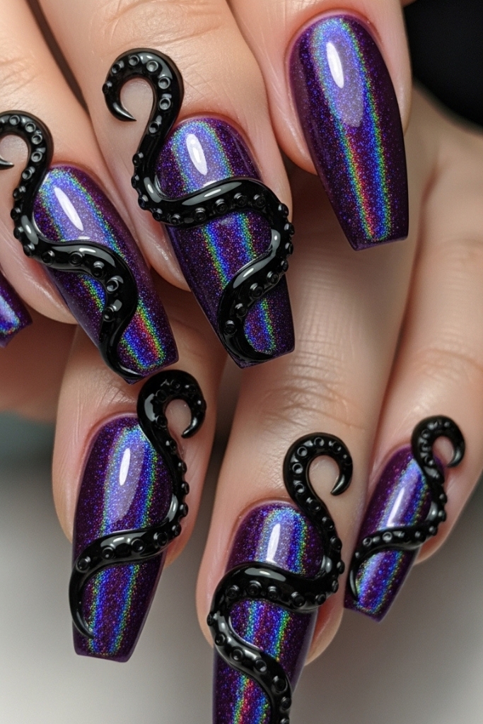 Purple villain nails with tentacle design