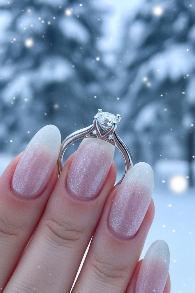 Winter sparkle engagement nails with silver shimmer