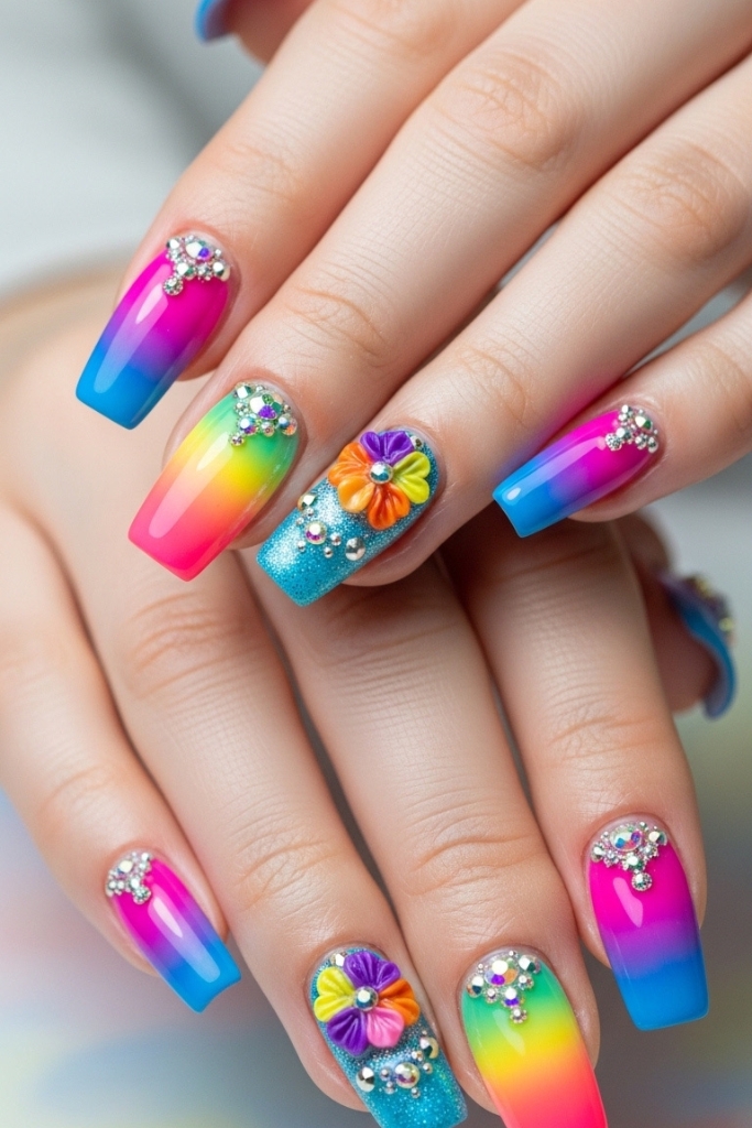 Bold acrylic nails with colorful ombre and 3D designs for a standout look