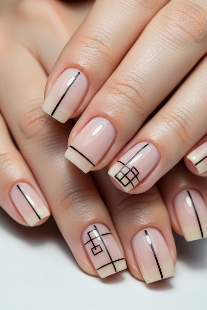 Minimalist short square nude nail set with line art