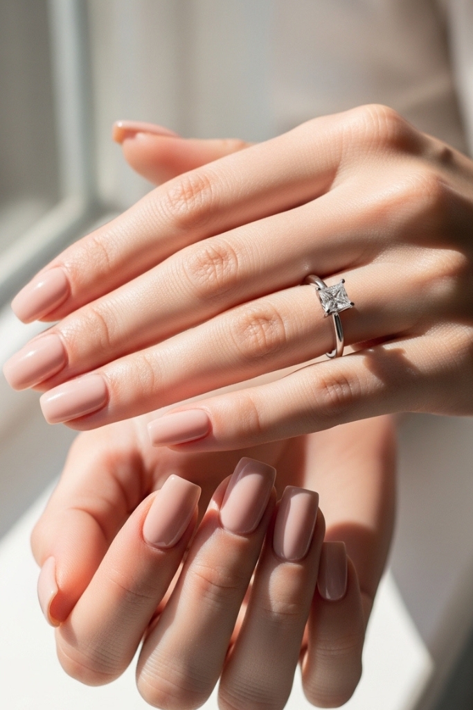 Square nude nails with princess cut engagement ring