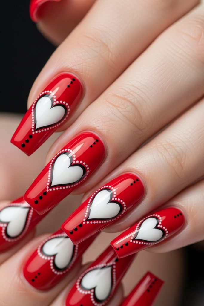 Red nails with heart graphic design