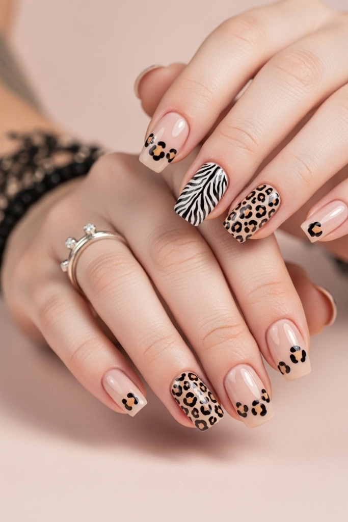 Cute animal print nails with leopard and zebra designs, fun and stylish manicure