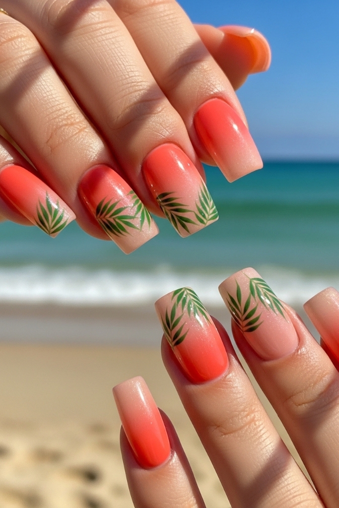 Tropical vacation square nail set with palm leaf art