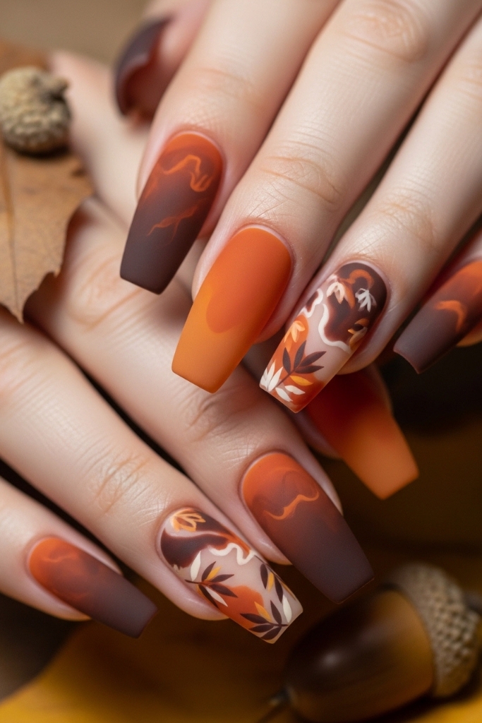 Matte fall coffin nail set in warm tones