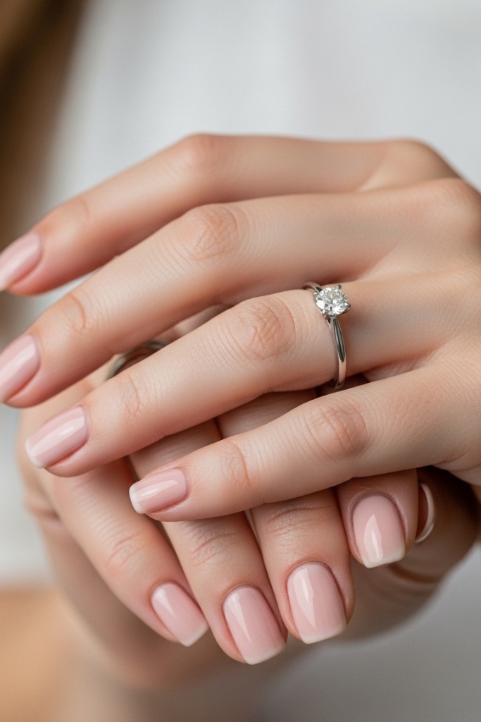 Short blush engagement nails with diamond ring