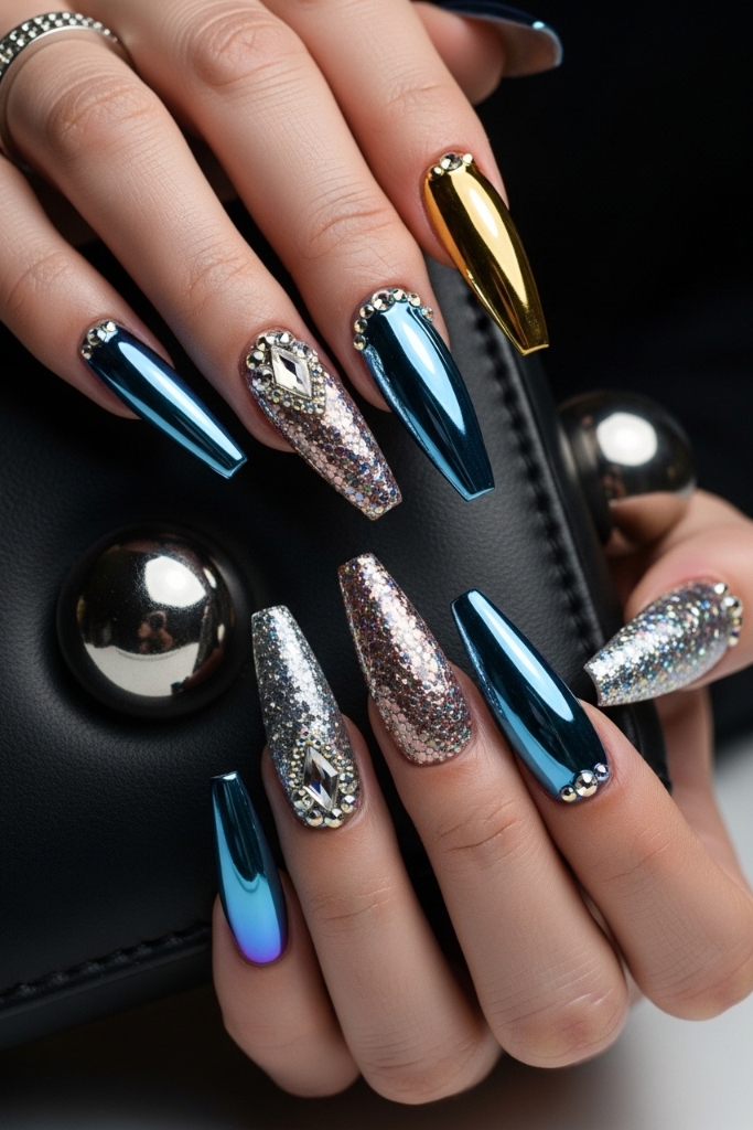 Long glossy acrylic nail set with chrome and rhinestones