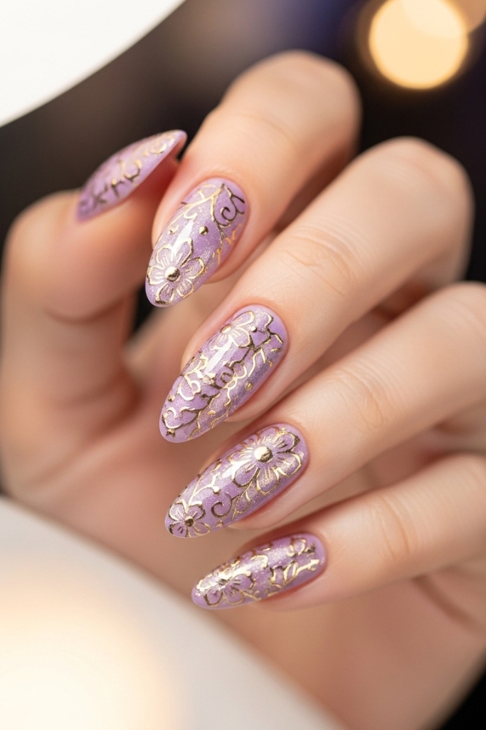 Lilac Rapunzel inspired nails with golden floral accents