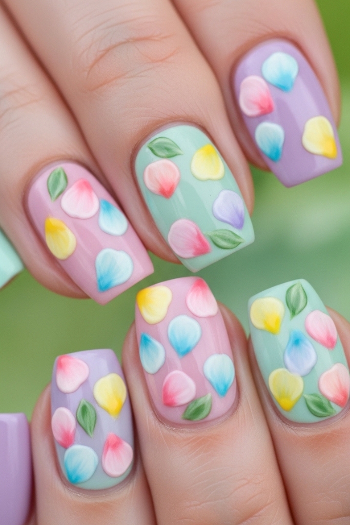 Spring-inspired floral nails with soft pastels and delicate petals