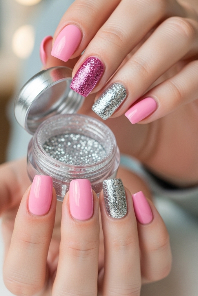 DIY glitter nails in pink and silver, sparkling and glamorous manicure
