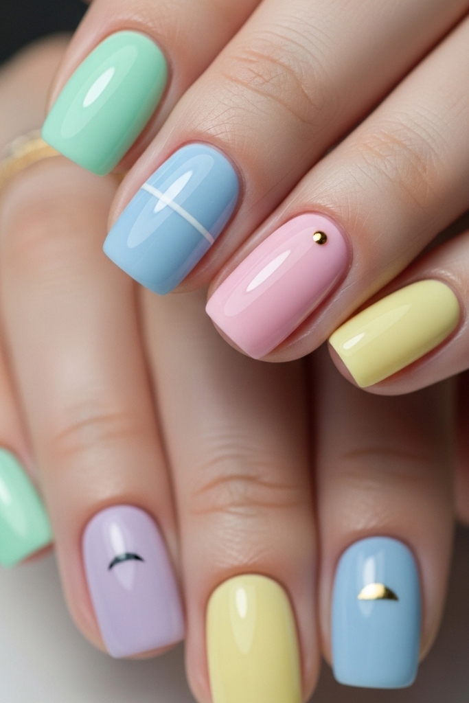 Stylish short nails with pastel colors and minimalist patterns, chic everyday design.
