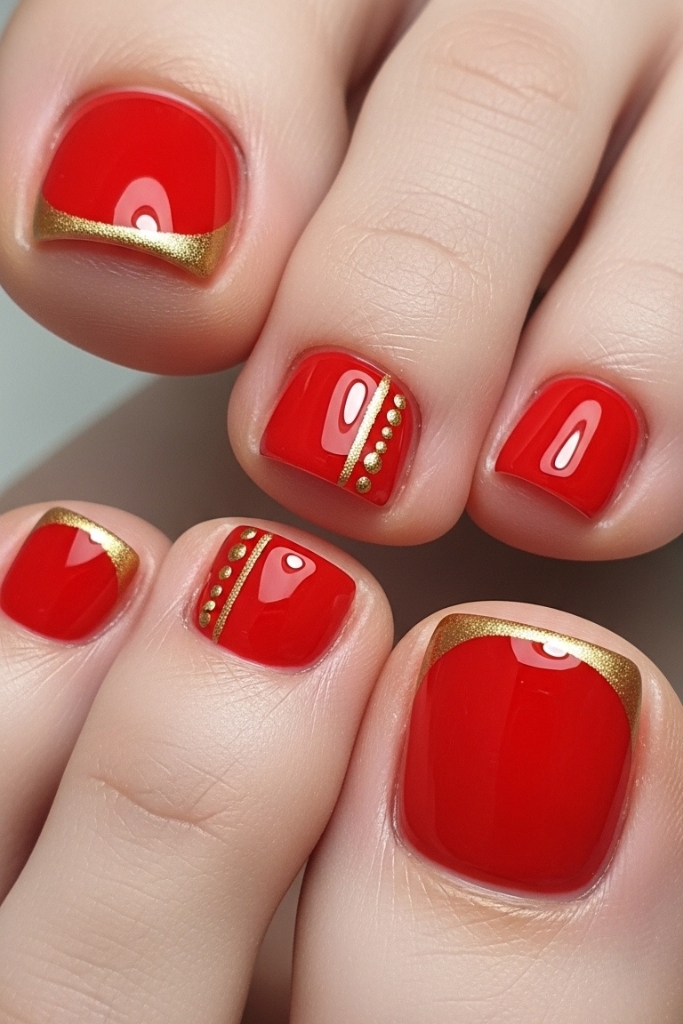 Elegant red toe nail art with glossy finish and subtle gold accents