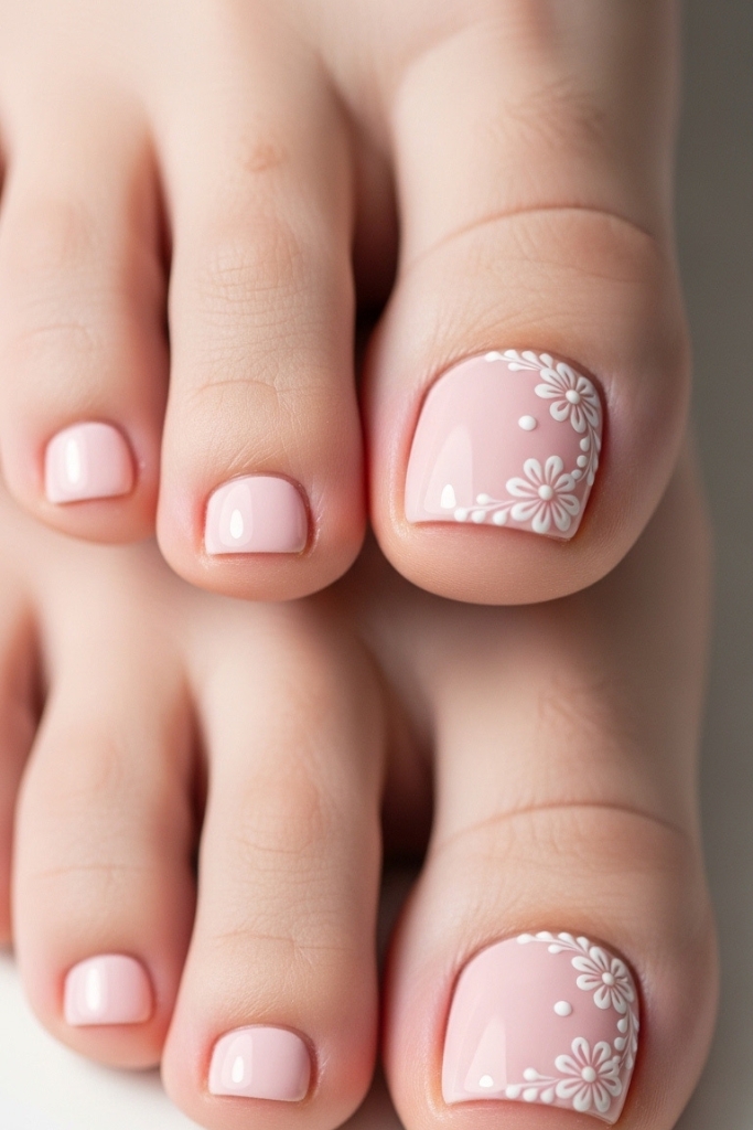 Soft pink toe nail art with delicate floral accents