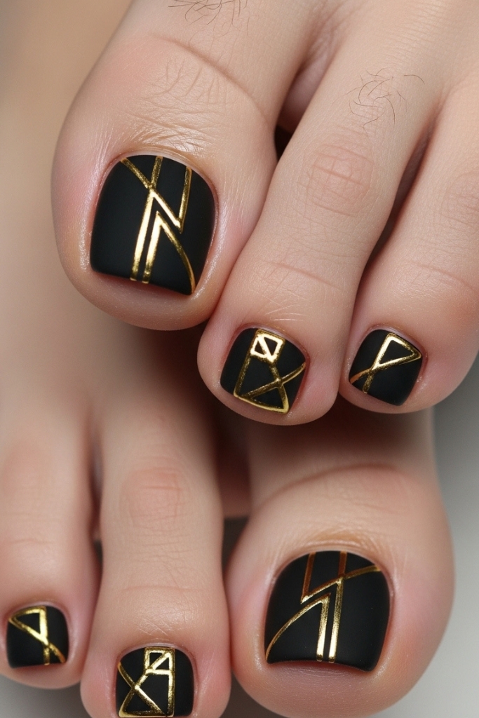 Modern black toe nail art with gold geometric accents