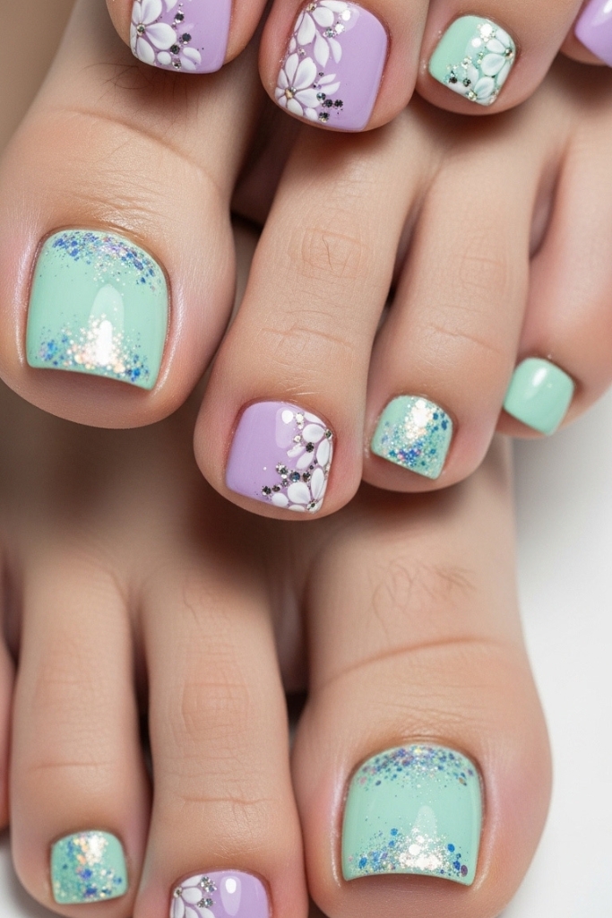 Pastel toe nail art with glitter and floral accents
