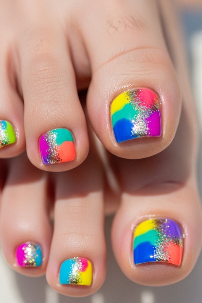 Colorful abstract toe nail art with glitter accents