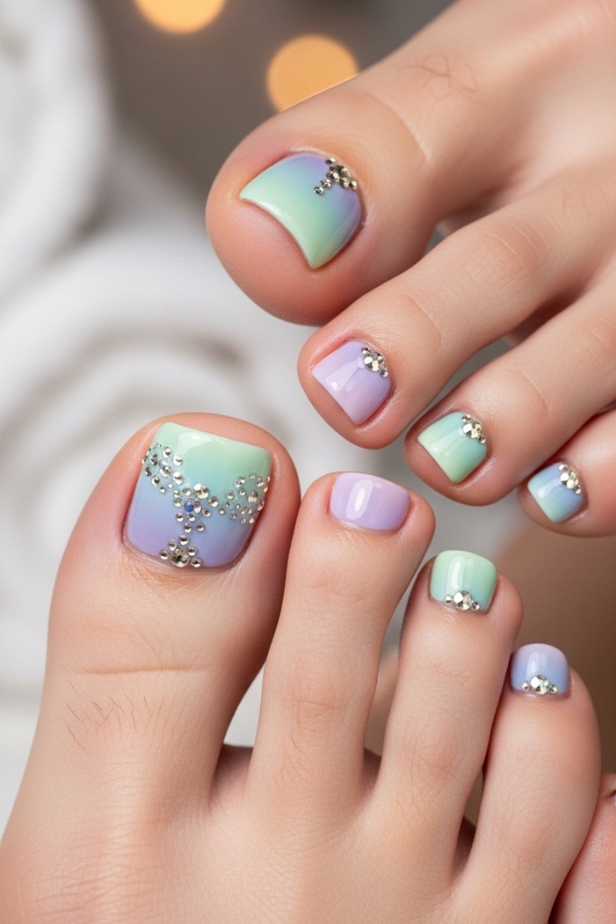 Pastel toe nail art with rhinestone accents for luxury pedicure