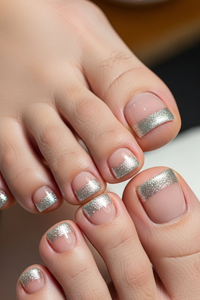 Silver glitter toe nail art on nude base for sparkling pedicure