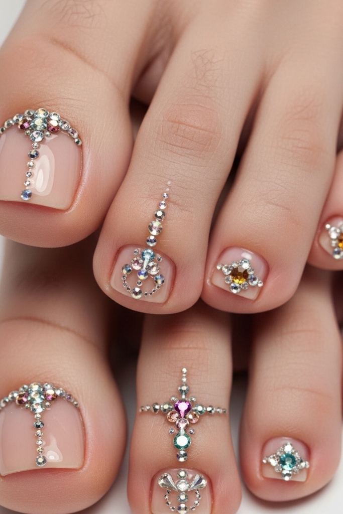 Elegant nude toe nail art with gemstone accents