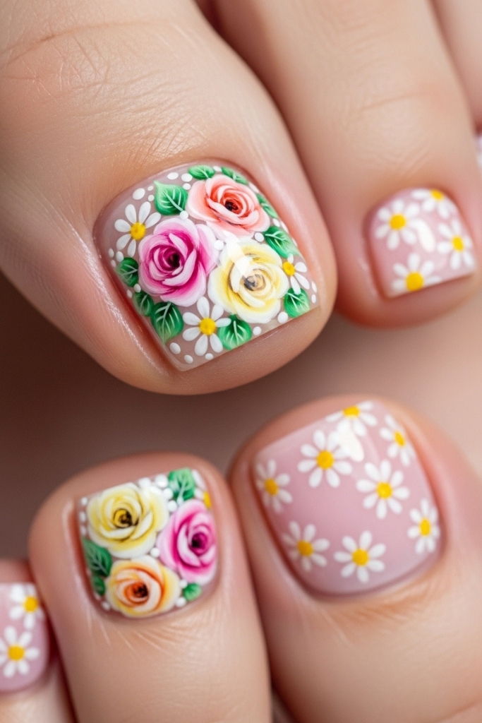 Hand-painted floral toe nail art with pastel roses and daisies