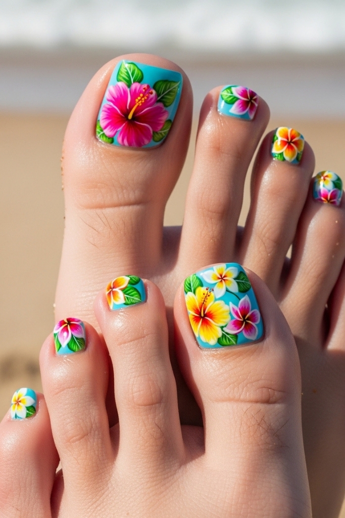 Tropical hibiscus and plumeria toe nail art for summer pedicure