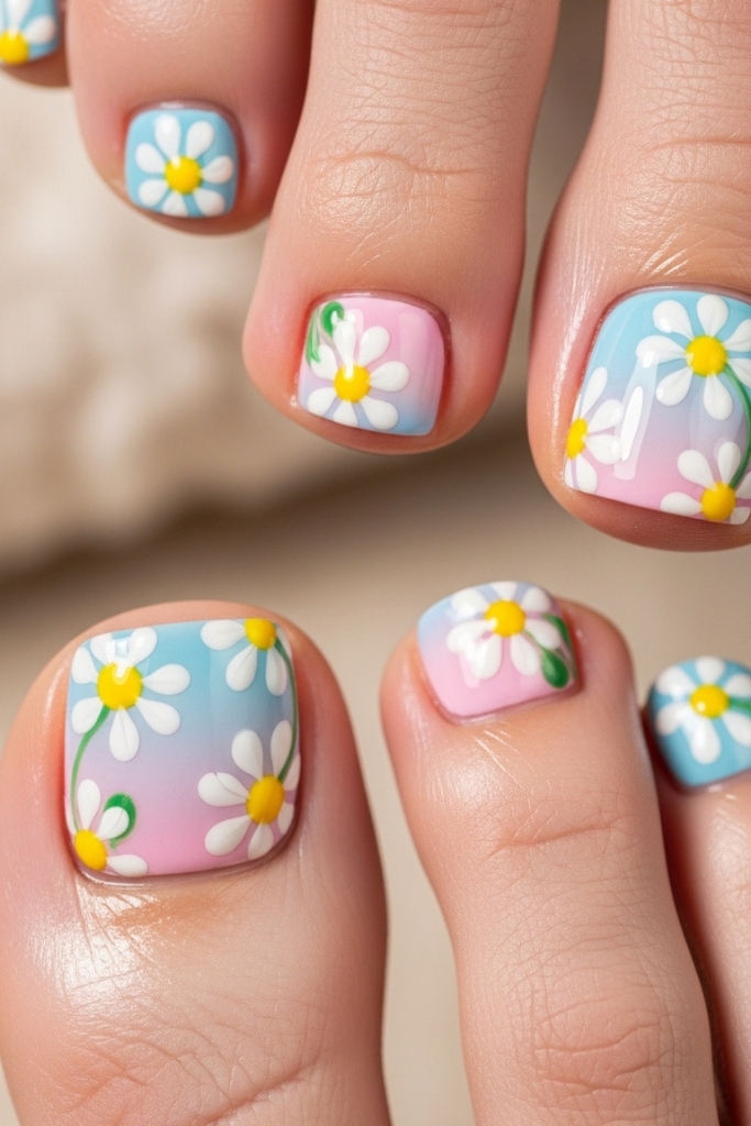 Cute daisy toe nail art on pastel nails for spring pedicure