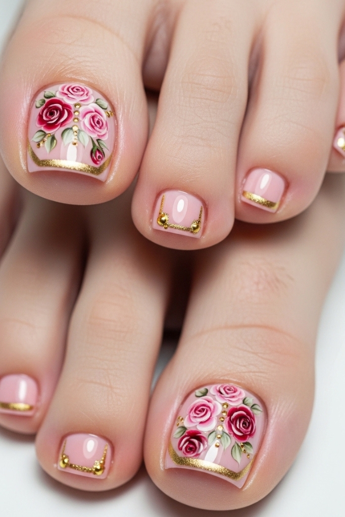 Elegant rose toe nail art on soft pink base with gold accents