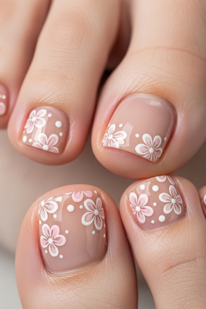 Minimalist small flower toe nail art on nude base