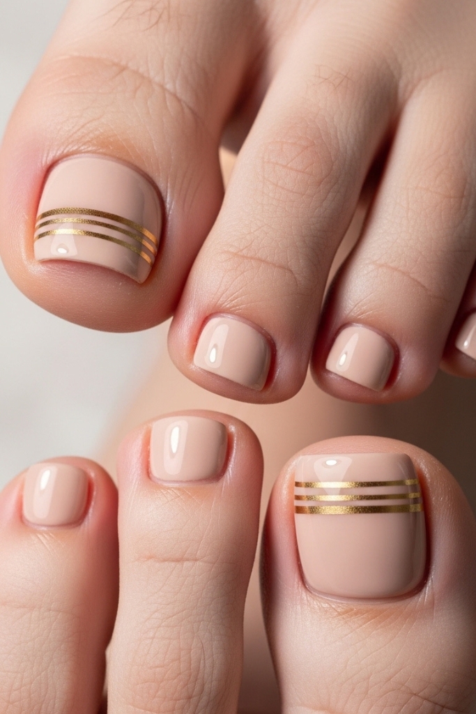 Chic nude toe nail art with gold accent stripes