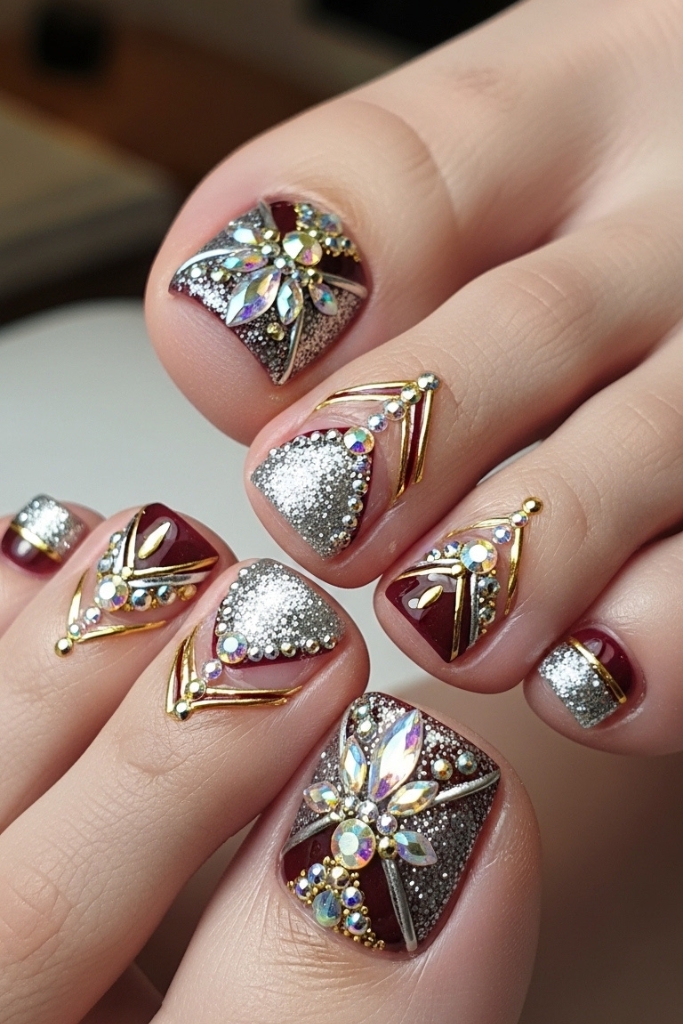 Glamorous toe nail art with gemstones and glitter for luxury pedicure