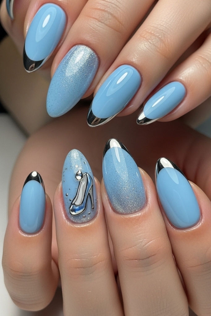 Baby blue Cinderella inspired nails with silver chrome tips and glass slipper detail